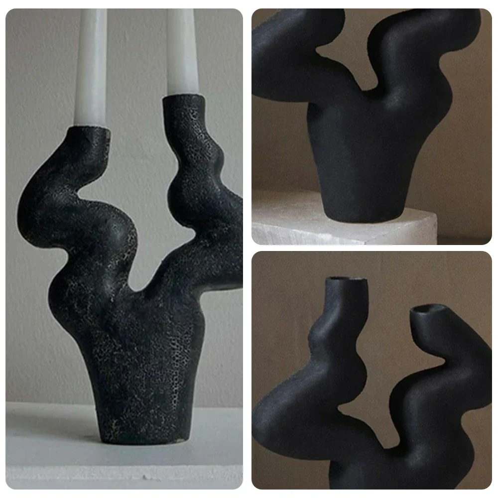 LIVARA Branch Form Ceramic Candle Holder Sculptural Handcrafted Stone-Like Matte Texture Artistic Accent for Modern Interiors - Black - Image 3
