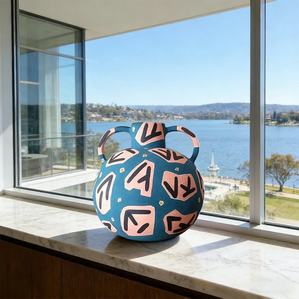 LIVARA Rune Ceramic Vase - Sculptural Double-Handle Design with Hand-Painted Symbol Pattern, Handcrafted Artistic Decor for Modern Interiors - Blue Multicolor - Image 2