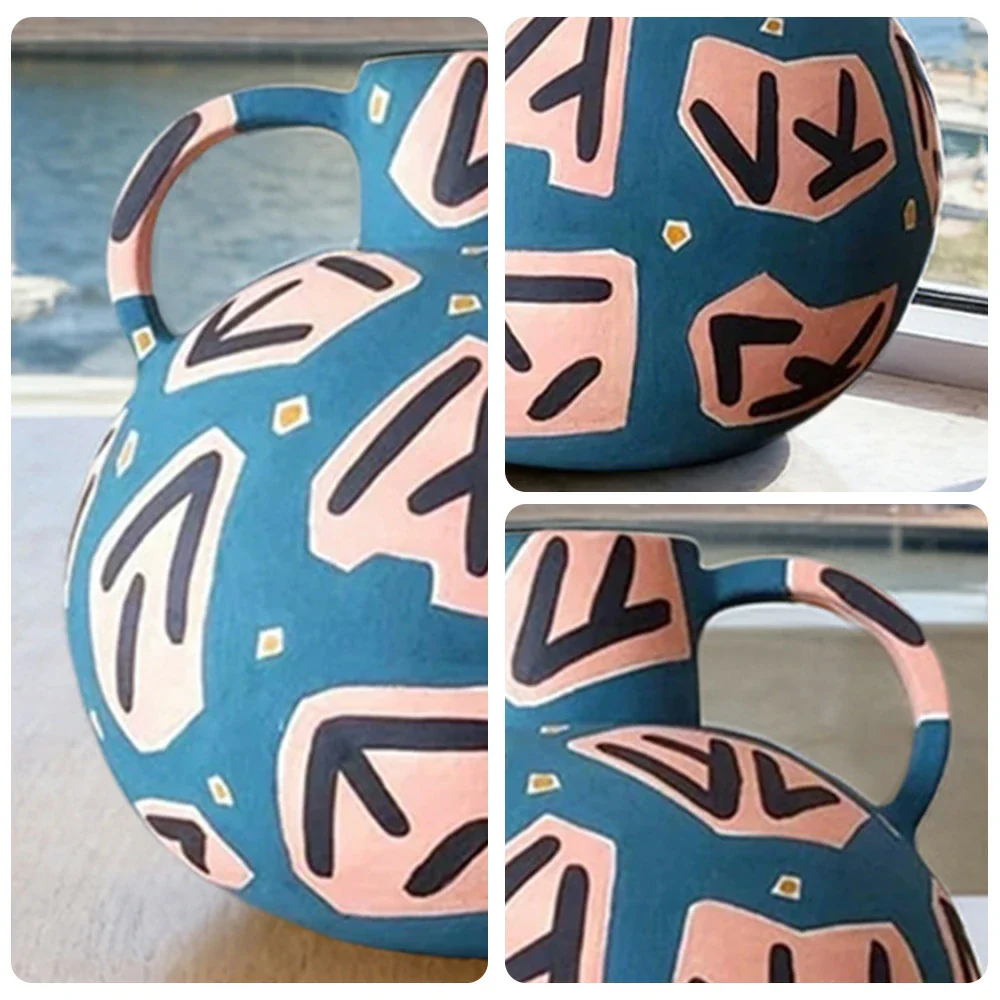 LIVARA Rune Ceramic Vase - Sculptural Double-Handle Design with Hand-Painted Symbol Pattern, Handcrafted Artistic Decor for Modern Interiors - Blue Multicolor - Image 3