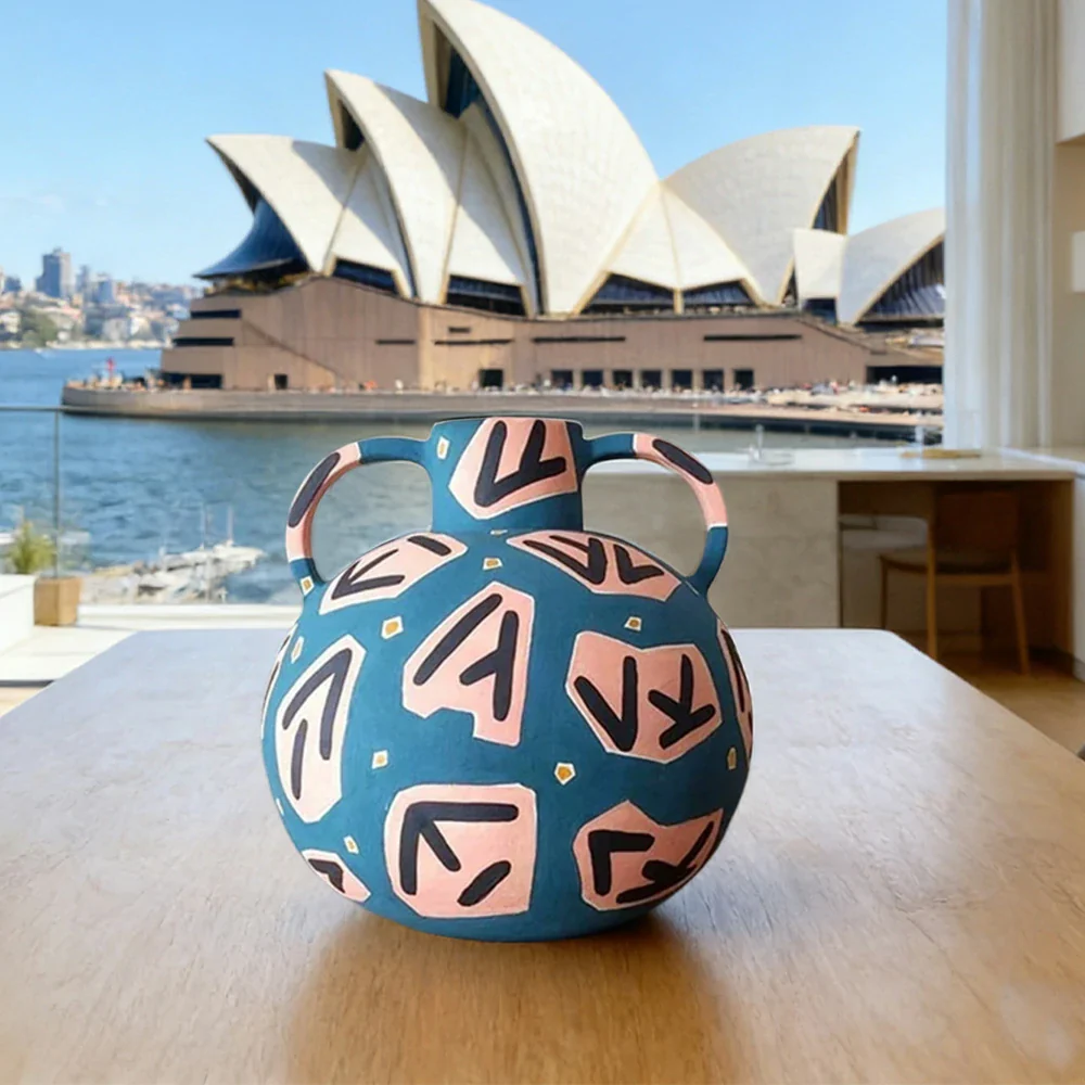 LIVARA Rune Ceramic Vase - Sculptural Double-Handle Design with Hand-Painted Symbol Pattern, Handcrafted Artistic Decor for Modern Interiors - Blue Multicolor - Image 4