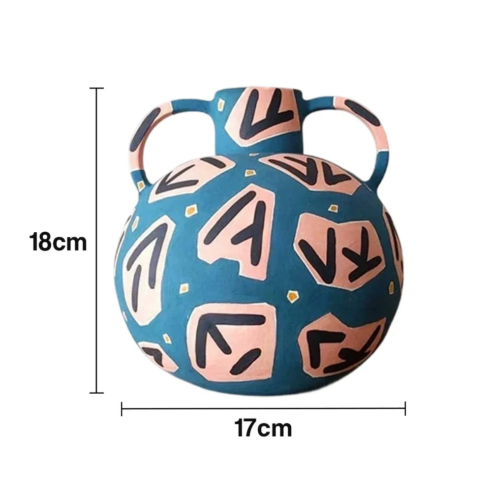 LIVARA Rune Ceramic Vase - Sculptural Double-Handle Design with Hand-Painted Symbol Pattern, Handcrafted Artistic Decor for Modern Interiors - Blue Multicolor - Image 5