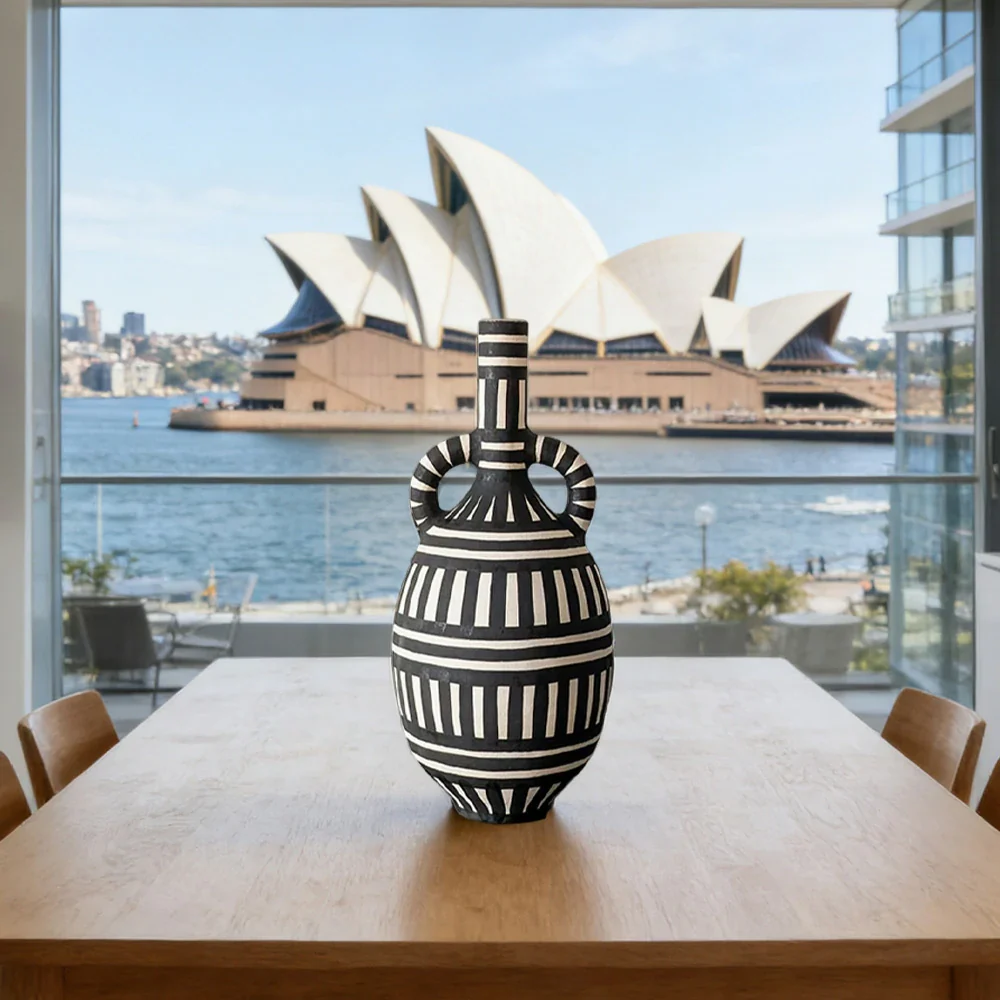 LIVARA Sculptural Ceramic Vase - Tall Double-Handle Form with Handcrafted Graphic Stripe Pattern, Artistic Statement Decor for Modern Interiors - Black & White - Image 4