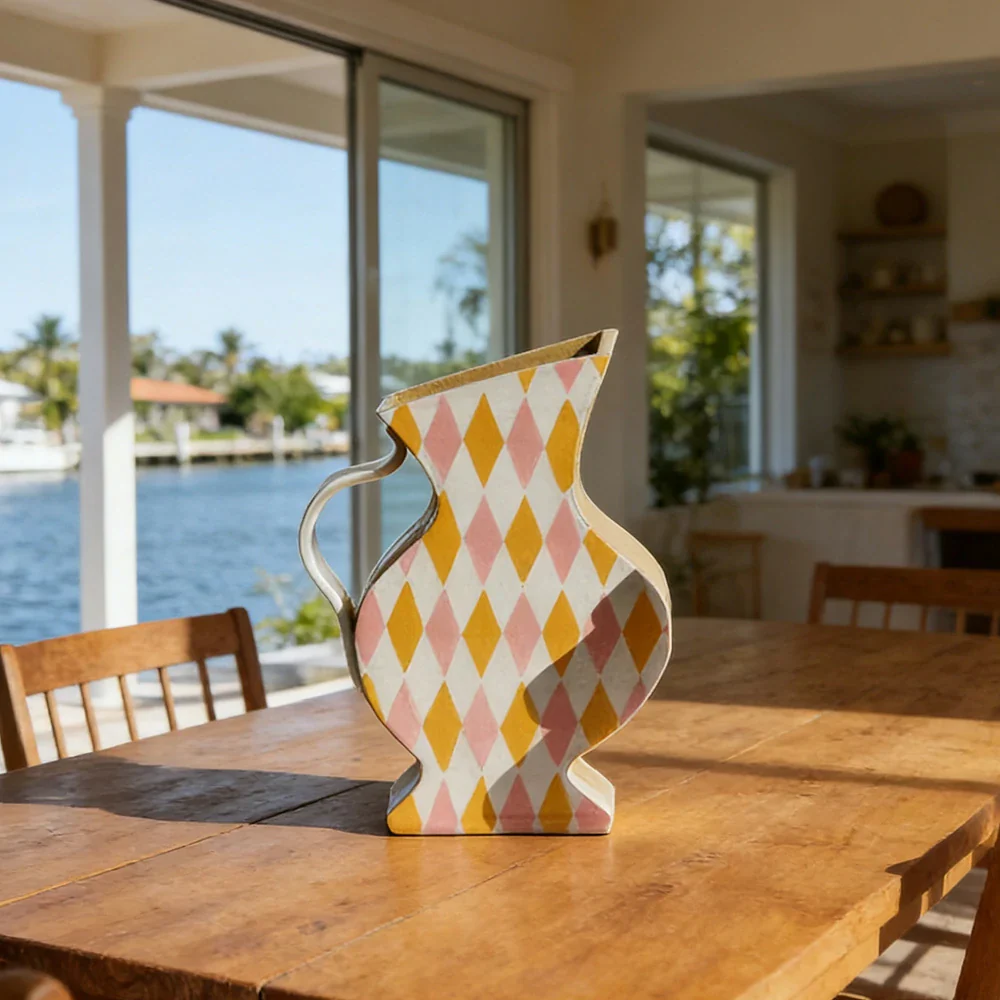 LIVARA Sculptural Ceramic Vase - Asymmetrical Pitcher Form with Hand-Painted Diamond Pattern, Artistic Statement Decor for Modern Interiors - Multicolor - Image 2