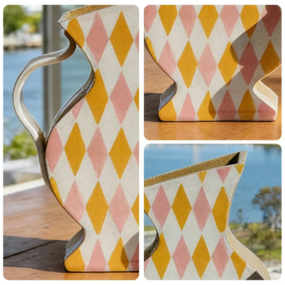 LIVARA Sculptural Ceramic Vase - Asymmetrical Pitcher Form with Hand-Painted Diamond Pattern, Artistic Statement Decor for Modern Interiors - Multicolor - Image 3