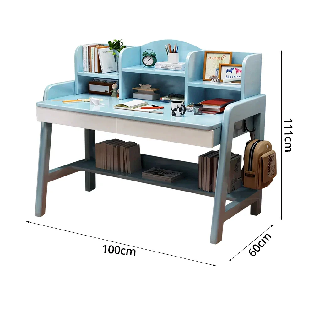 LIVARA Adjustable Solid Wood Study Desk - 80/100/120cm Height Adjustable Learning Table with Storage Shelf for Kids & Teens - Blue & White - Image 6