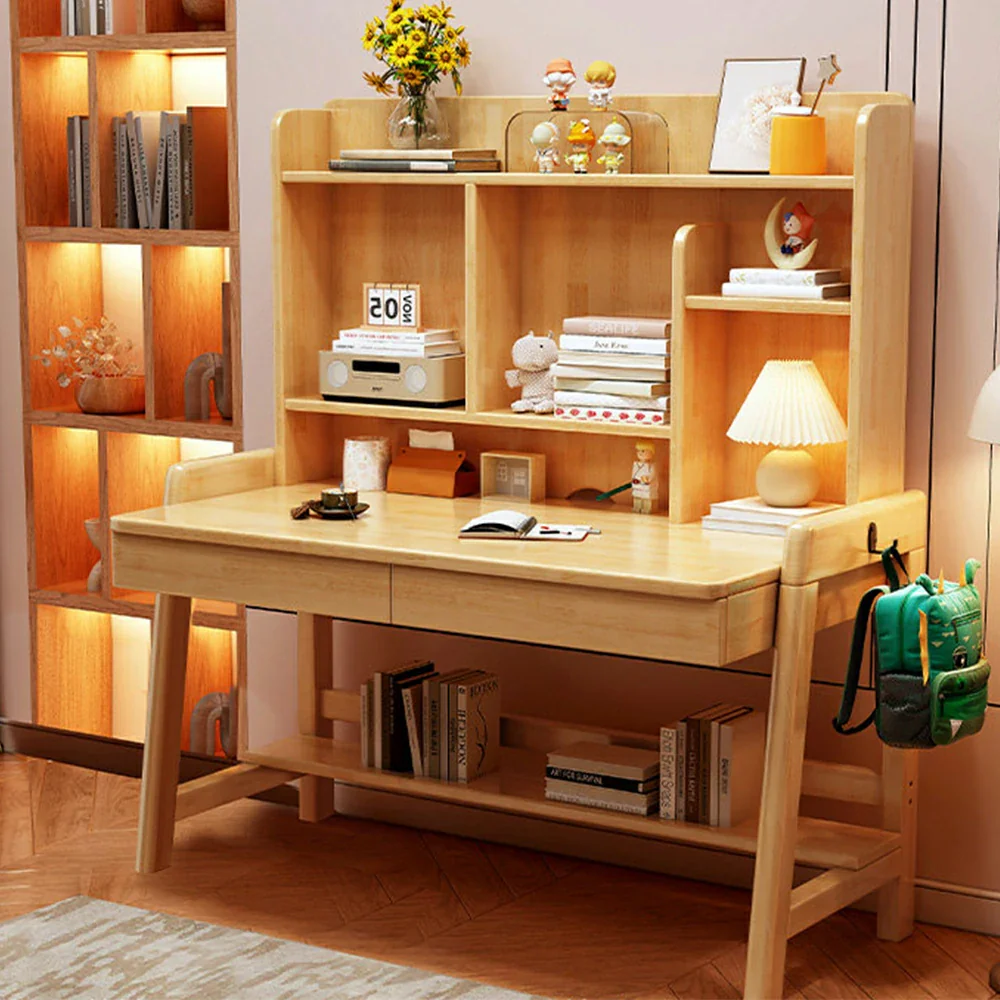 LIVARA Adjustable Solid Wood Study Desk - 80/100/120cm Height Adjustable Kids Learning Table with Storage Shelf - Natural Wood - Image 4