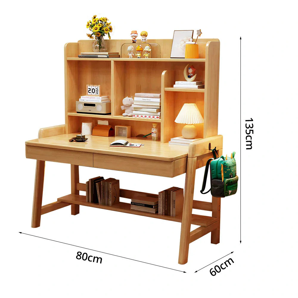 LIVARA Adjustable Solid Wood Study Desk - 80/100/120cm Height Adjustable Kids Learning Table with Storage Shelf - Natural Wood - Image 5