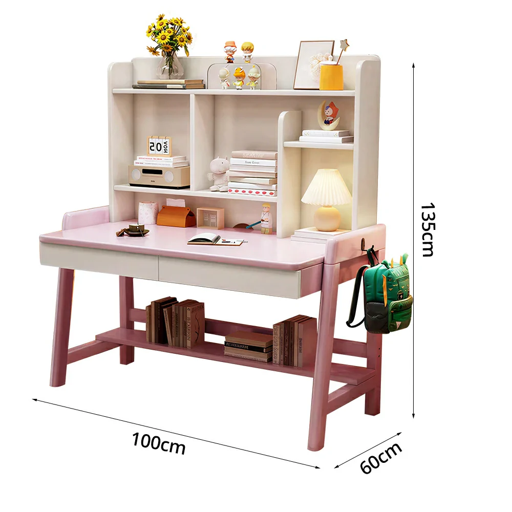 LIVARA Adjustable Solid Wood Study Desk - 80/100/120cm Height Adjustable Kids Learning Table with Storage Shelf - Pink & White - Image 6