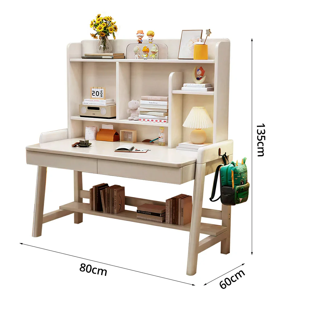 LIVARA Adjustable Solid Wood Study Desk - 80/100/120cm Height Adjustable Kids Learning Table with Storage Shelf - White - Image 5