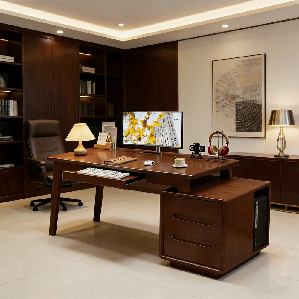 LIVARA Solid Wood Study Desk - 100/120/140cm Computer Table with Extendable Storage Cabinet & Hidden Keyboard Tray for Home Office - Walnut - Image 2