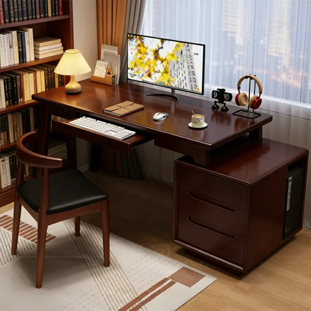 LIVARA Solid Wood Study Desk - 100/120/140cm Computer Table with Extendable Storage Cabinet & Hidden Keyboard Tray for Home Office - Walnut - Image 4