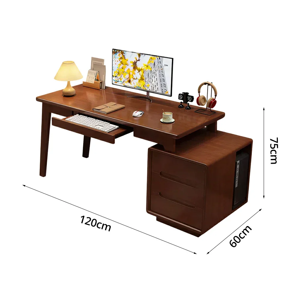 LIVARA Solid Wood Study Desk - 100/120/140cm Computer Table with Extendable Storage Cabinet & Hidden Keyboard Tray for Home Office - Walnut - Image 6