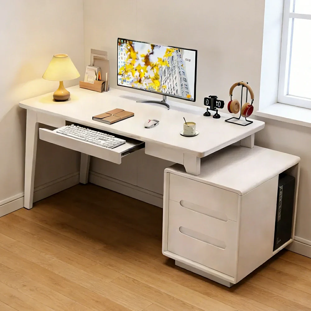 LIVARA Solid Wood Study Desk - 100/120/140cm Computer Table with Extendable Storage Cabinet & Hidden Keyboard Tray for Home Office - White - Image 2