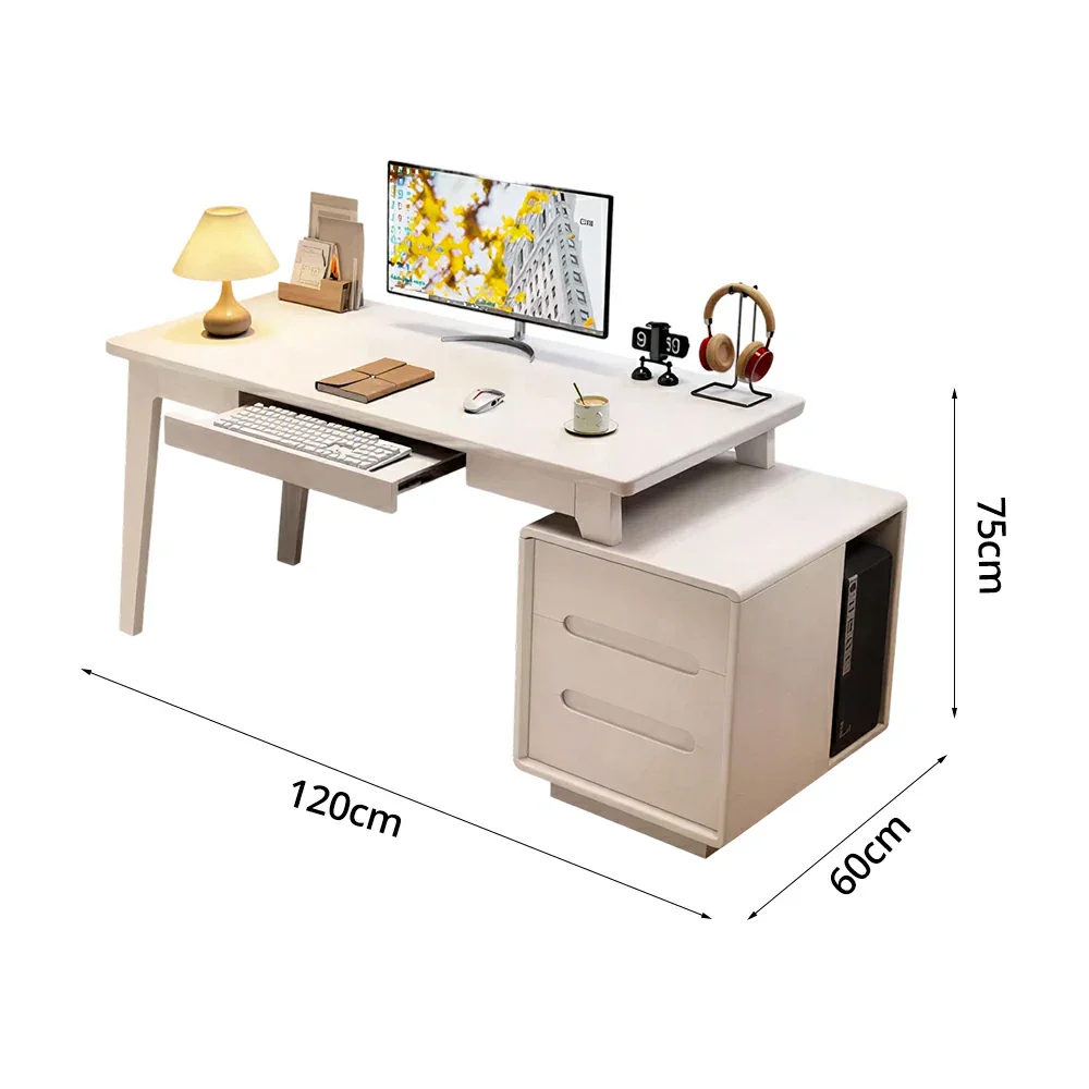 LIVARA Solid Wood Study Desk - 100/120/140cm Computer Table with Extendable Storage Cabinet & Hidden Keyboard Tray for Home Office - White - Image 6