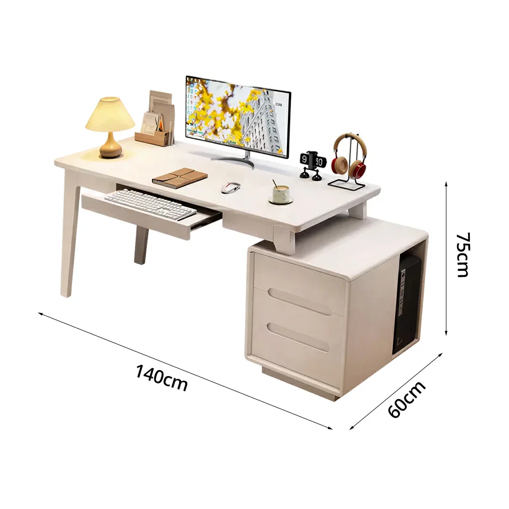 LIVARA Solid Wood Study Desk - 100/120/140cm Computer Table with Extendable Storage Cabinet & Hidden Keyboard Tray for Home Office - White - Image 7