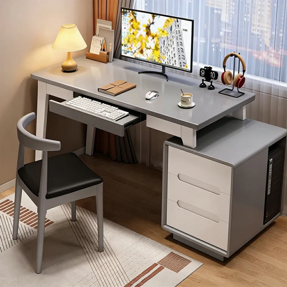 LIVARA Solid Wood Study Desk - 100/120/140cm Computer Table with Extendable Storage Cabinet & Hidden Keyboard Tray for Home Office - Grey - Image 2