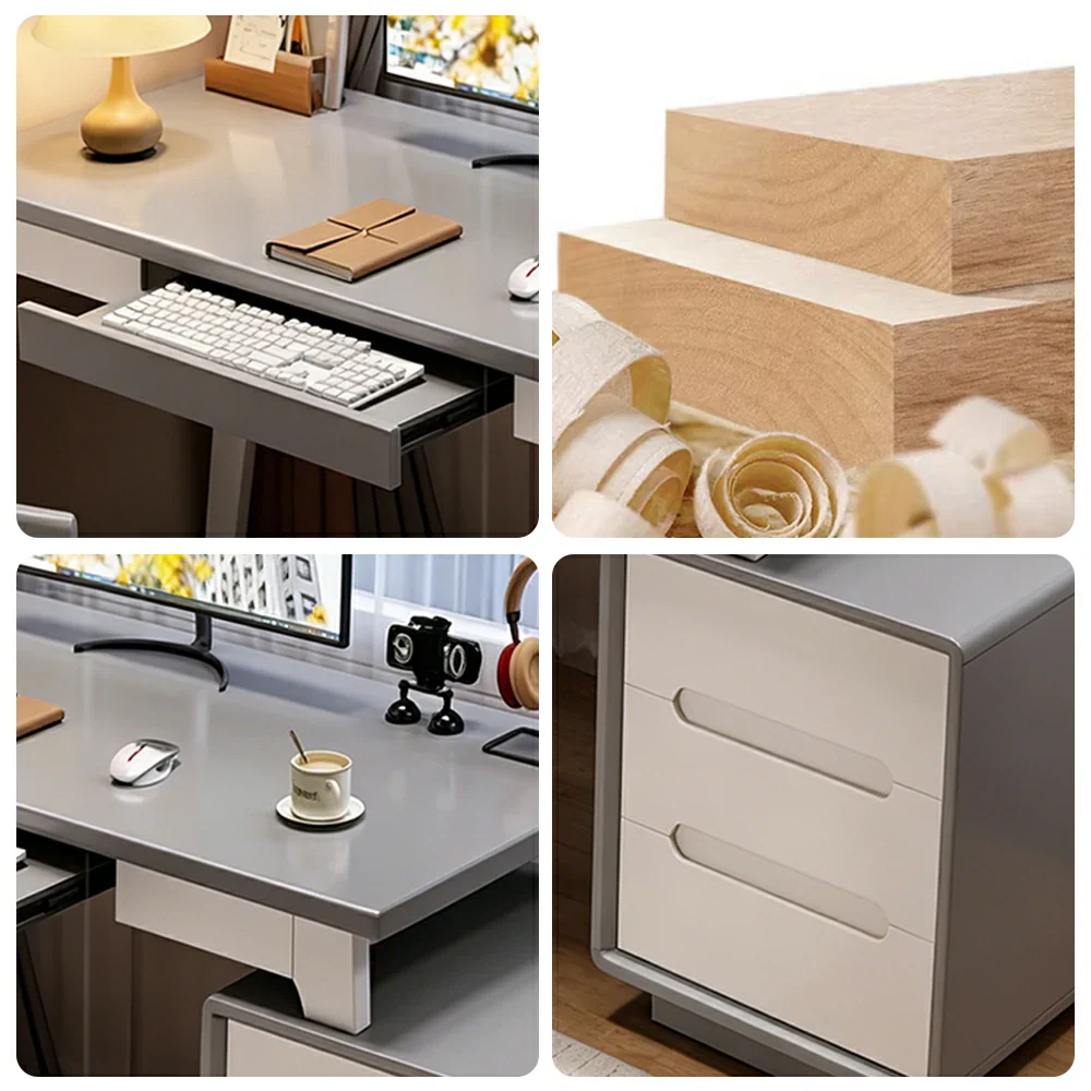 LIVARA Solid Wood Study Desk - 100/120/140cm Computer Table with Extendable Storage Cabinet & Hidden Keyboard Tray for Home Office - Grey - Image 3