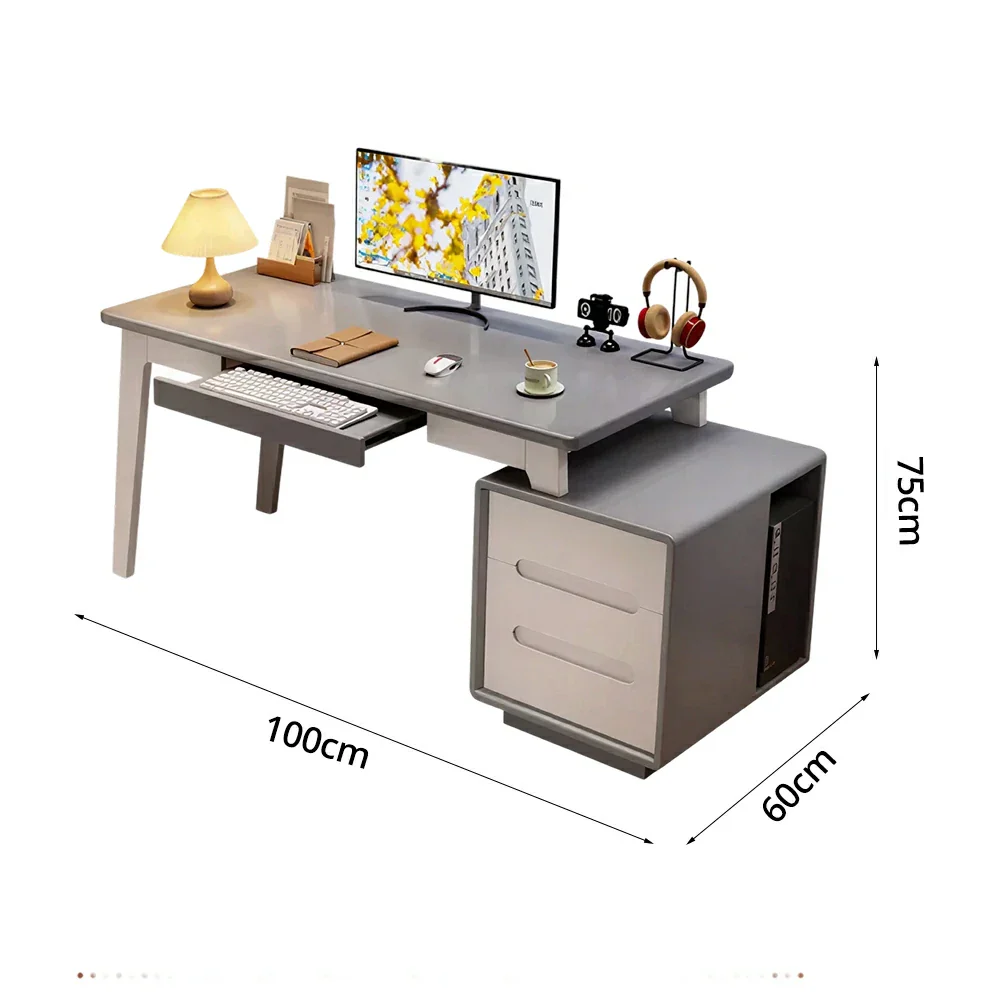 LIVARA Solid Wood Study Desk - 100/120/140cm Computer Table with Extendable Storage Cabinet & Hidden Keyboard Tray for Home Office - Grey - Image 5