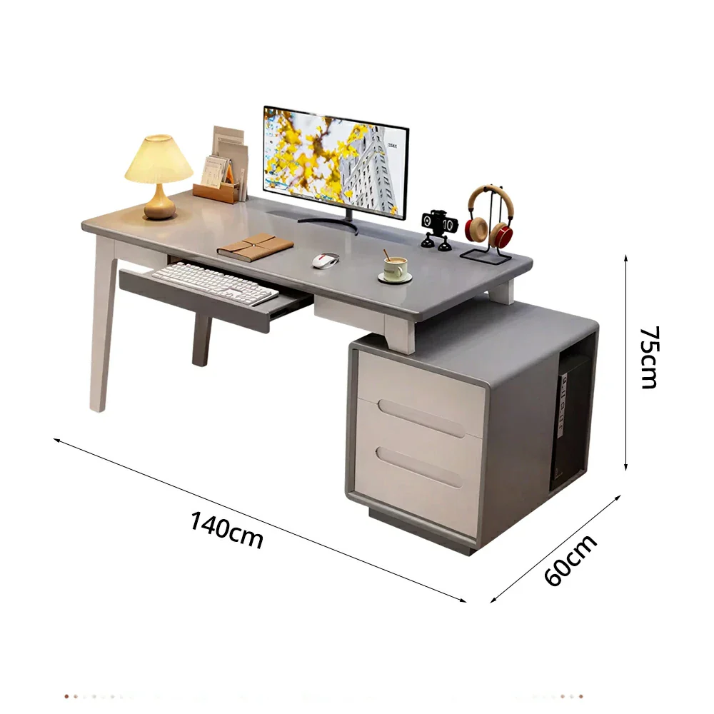 LIVARA Solid Wood Study Desk - 100/120/140cm Computer Table with Extendable Storage Cabinet & Hidden Keyboard Tray for Home Office - Grey - Image 7