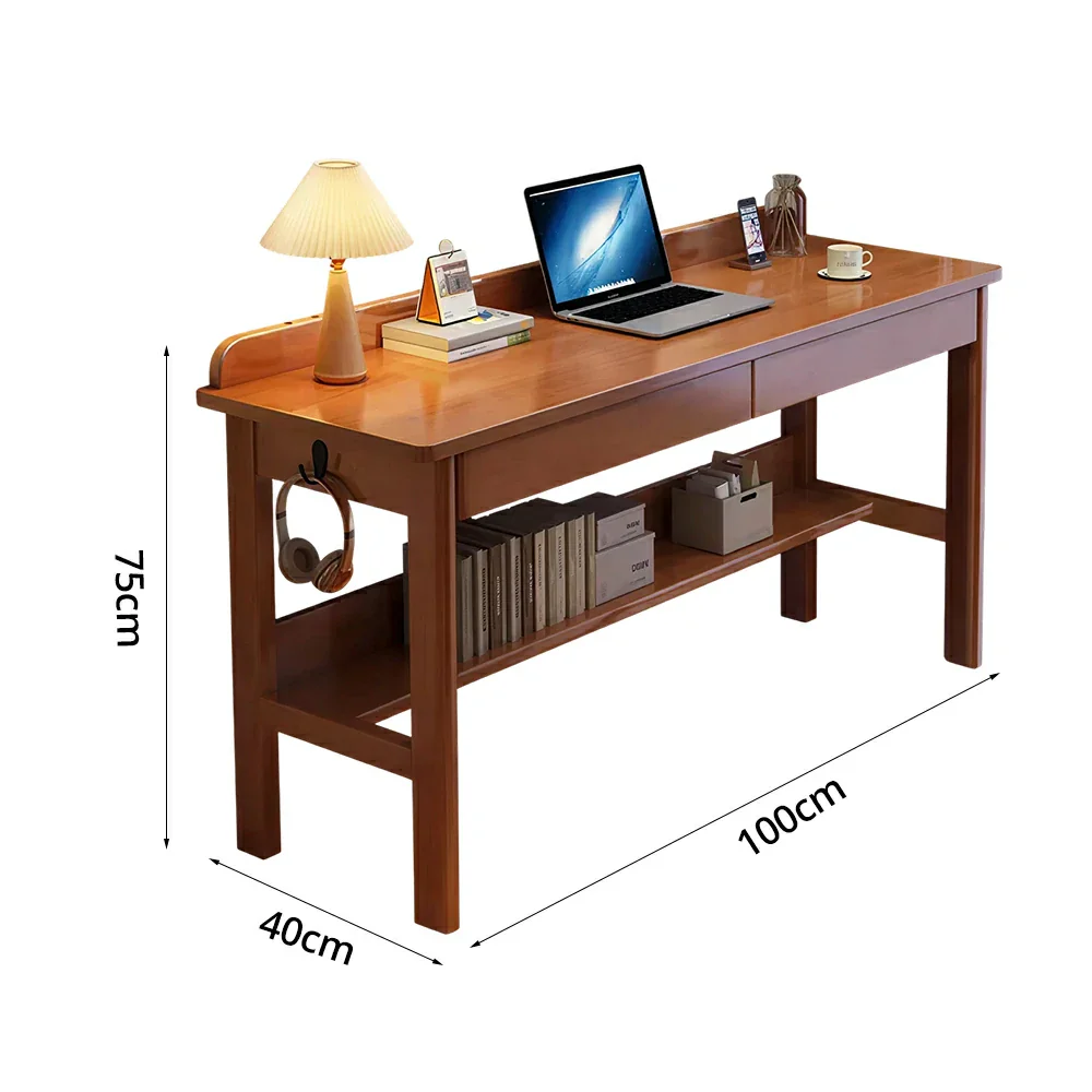 LIVARA Solid Wood Study Desk - 100/120/140cm Computer Table with Storage Drawer & Open Shelf, Sturdy Hardwood Design for Home Office - Walnut - Image 5