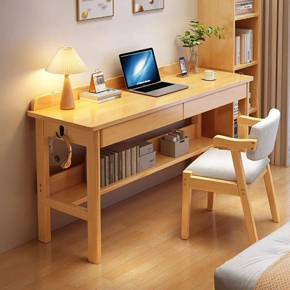 LIVARA Solid Wood Study Desk - 100/120/140cm Computer Table with Storage Drawer & Open Shelf, Sturdy Hardwood Design for Home Office - Wood - Image 2