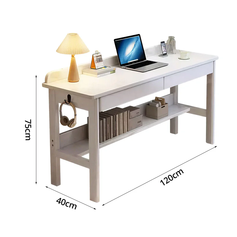 LIVARA Solid Wood Study Desk - 100/120/140cm Computer Table with Storage Drawer & Open Shelf, Sturdy Hardwood Design for Home Office - White - Image 6