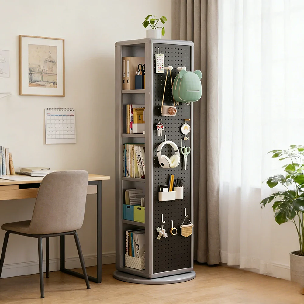 LIVARA Rotating Solid Wood Dressing Mirror & Bookshelf - Three Sixty Swivel Full-Length Mirror with Storage Shelves & Pegboard for Kids Room - Grey - Image 2