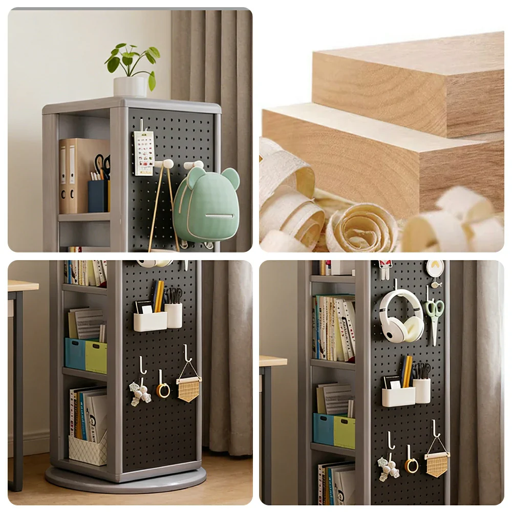 LIVARA Rotating Solid Wood Dressing Mirror & Bookshelf - Three Sixty Swivel Full-Length Mirror with Storage Shelves & Pegboard for Kids Room - Grey - Image 3