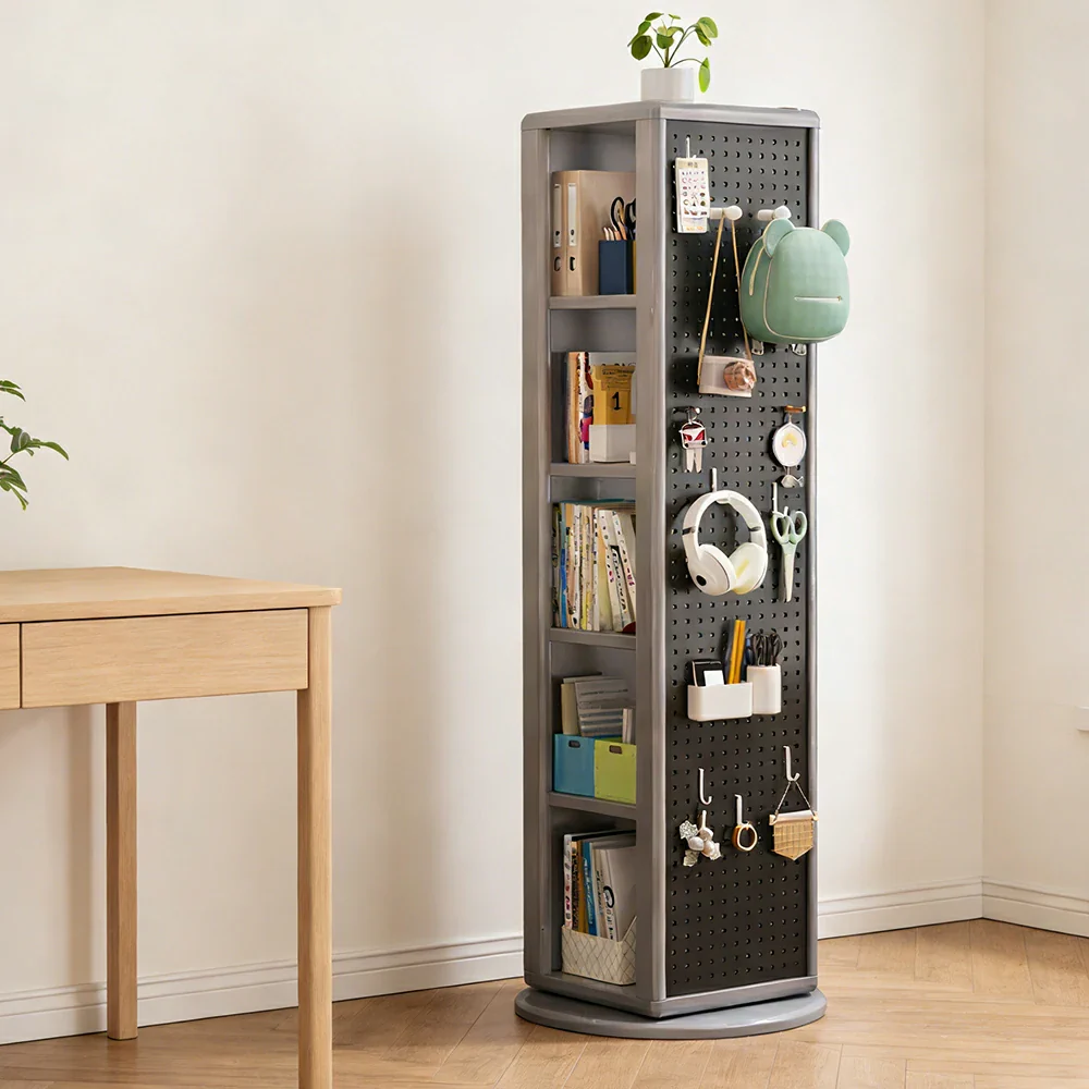 LIVARA Rotating Solid Wood Dressing Mirror & Bookshelf - Three Sixty Swivel Full-Length Mirror with Storage Shelves & Pegboard for Kids Room - Grey - Image 4