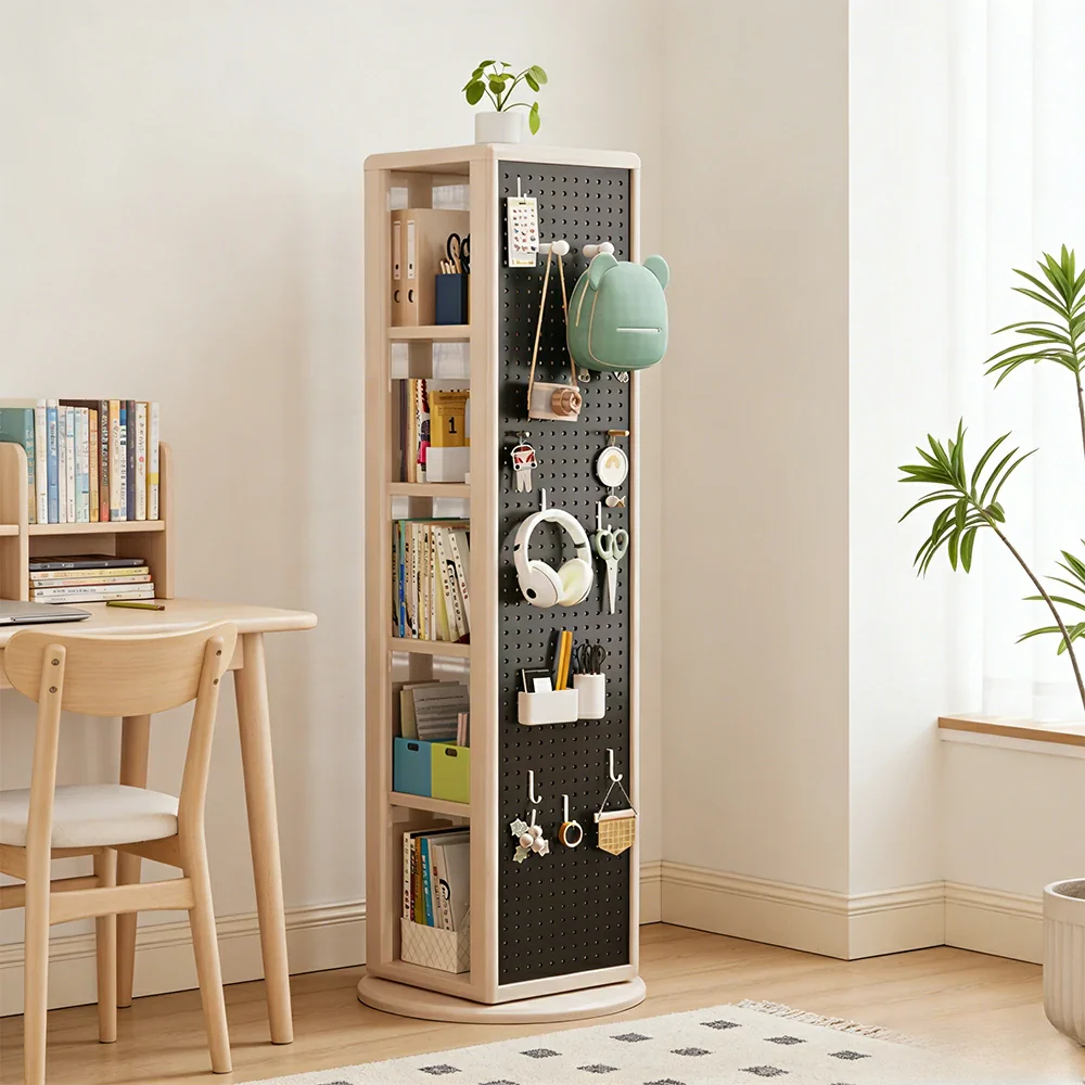 LIVARA Rotating Solid Wood Dressing Mirror & Bookshelf - Three Sixty Swivel Full-Length Mirror with Storage Shelves & Pegboard for Kids Room - White - Image 2