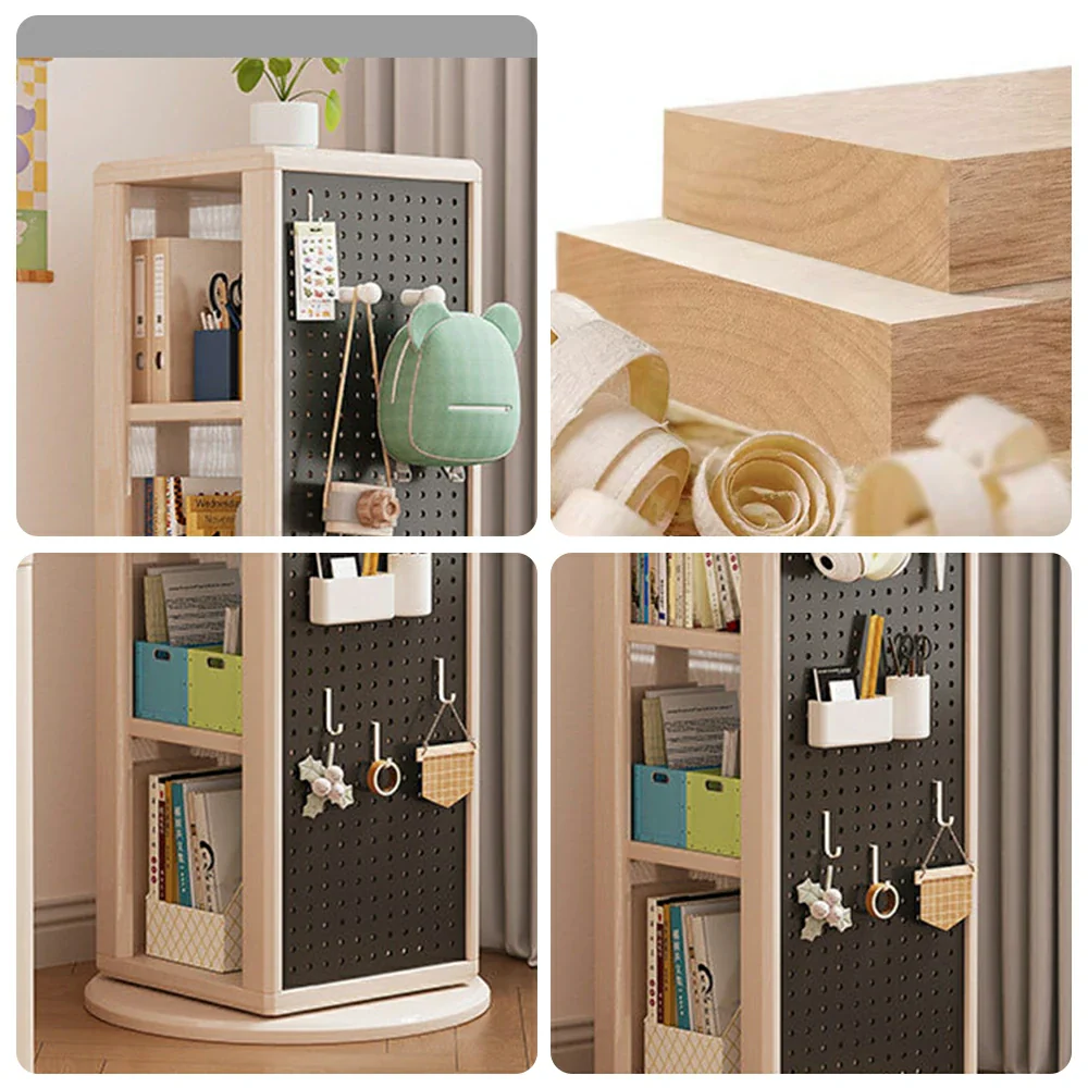 LIVARA Rotating Solid Wood Dressing Mirror & Bookshelf - Three Sixty Swivel Full-Length Mirror with Storage Shelves & Pegboard for Kids Room - White - Image 3