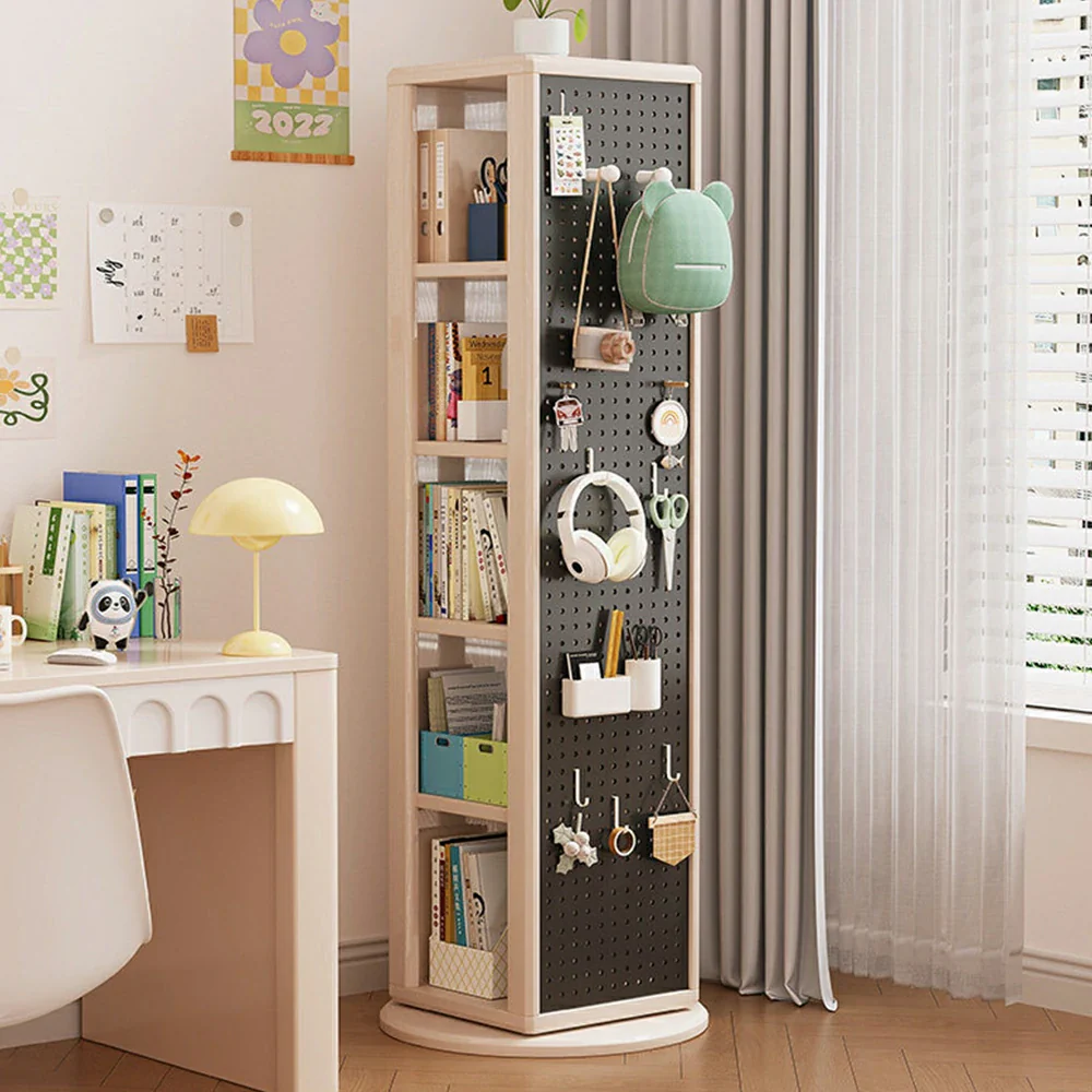 LIVARA Rotating Solid Wood Dressing Mirror & Bookshelf - Three Sixty Swivel Full-Length Mirror with Storage Shelves & Pegboard for Kids Room - White - Image 4