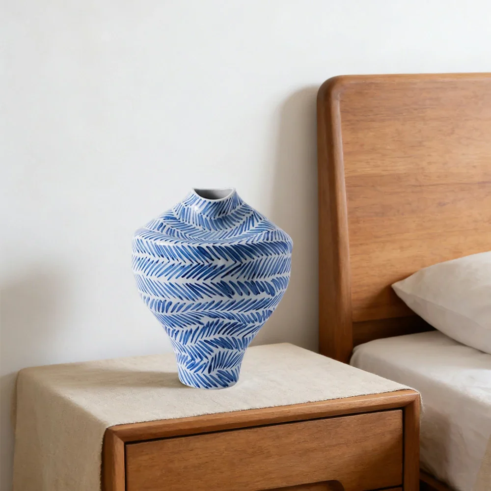 LIVARA Ceramic Vase Ornament Mid-Century Blue & White Theme Artistic Home Display Matte Ceramic Handcrafted Stone-Texture Finish - Image 4