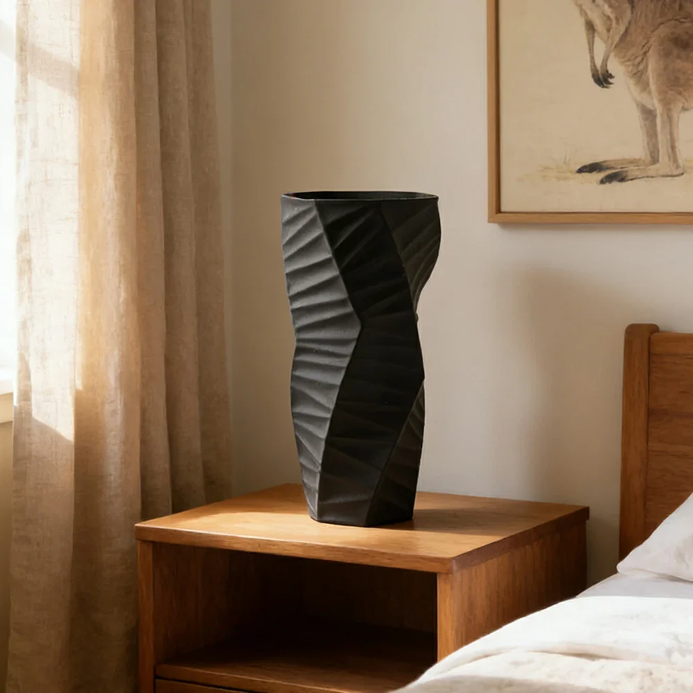 LIVARA Ceramic Vase Ornament Contemporary Minimal Design Artistic Home Display Matte Ceramic Handcrafted Stone-Texture Design - Black - Image 2