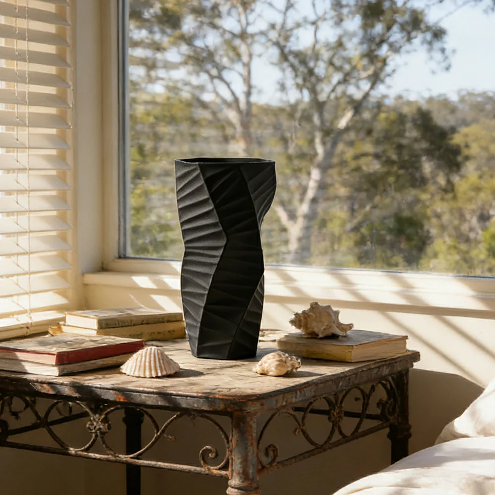 LIVARA Ceramic Vase Ornament Contemporary Minimal Design Artistic Home Display Matte Ceramic Handcrafted Stone-Texture Design - Black - Image 4