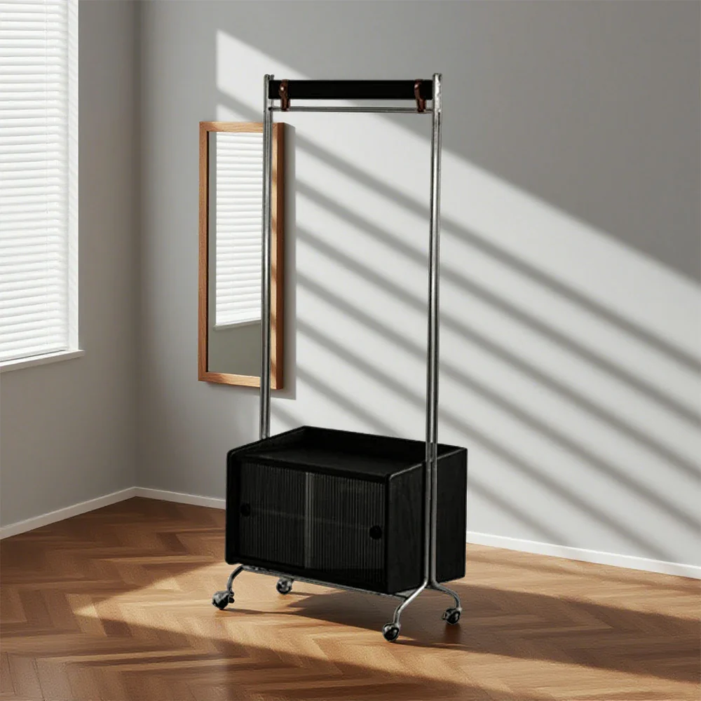 LIVARA 1121 Freestanding Clothes Rack, Multi-Functional Storage & Clothing Stand, Solid Wood & Stainless Steel, Glass Door & Swivel Casters - Black - Image 4