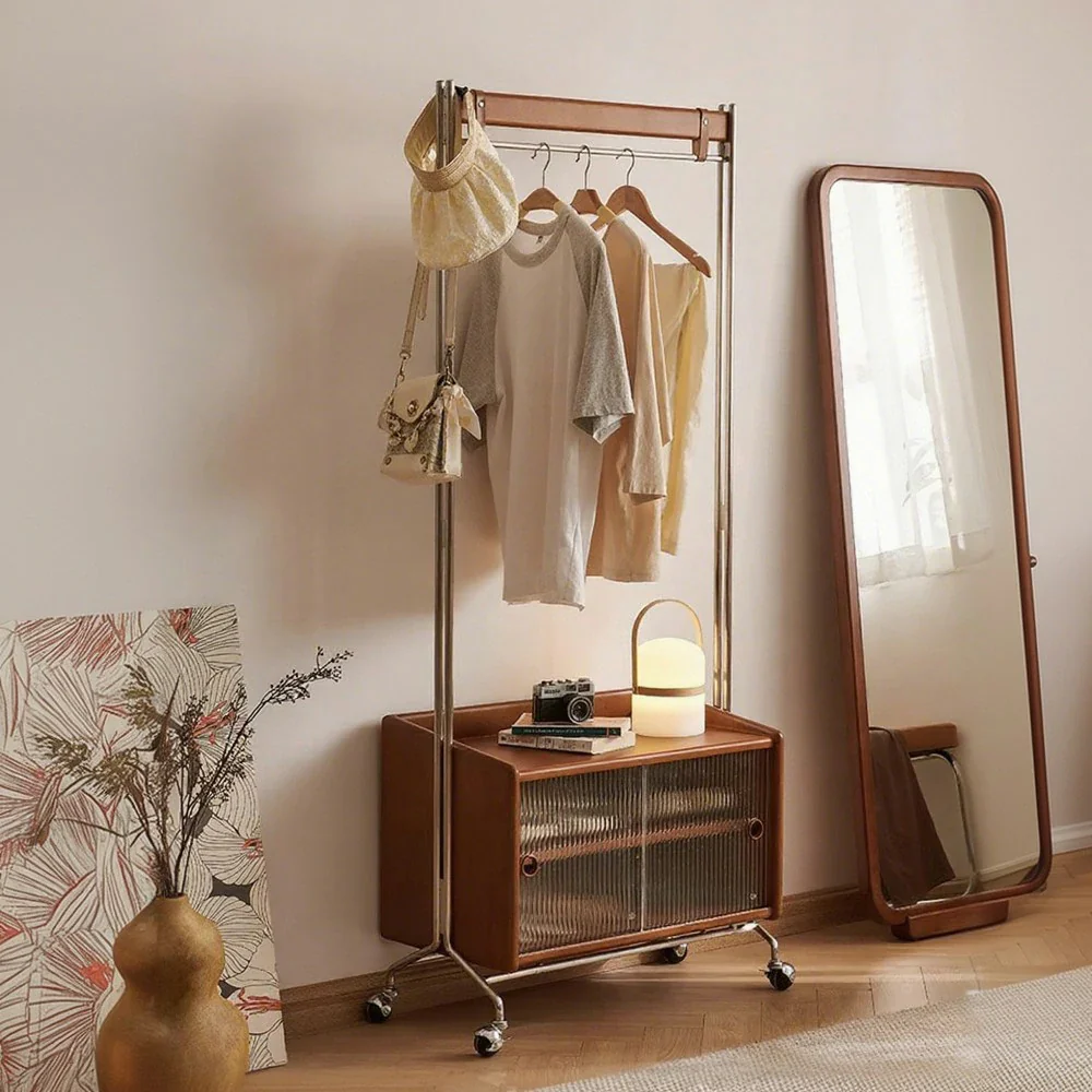 LIVARA 1121 Freestanding Clothes Rack, Multi-Functional Storage & Clothing Stand, Solid Wood & Stainless Steel, Glass Door & Swivel Casters - Wood - Image 4