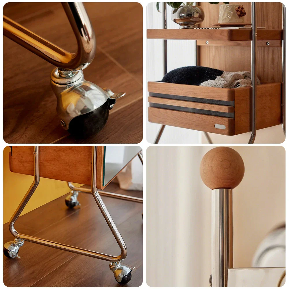 LIVARA 1123 Mobile Bedside Cabinet & Coat Rack – Solid Ash Wood Grain with Stainless Steel, Ample Storage, Swivel Casters - Wood - Image 3
