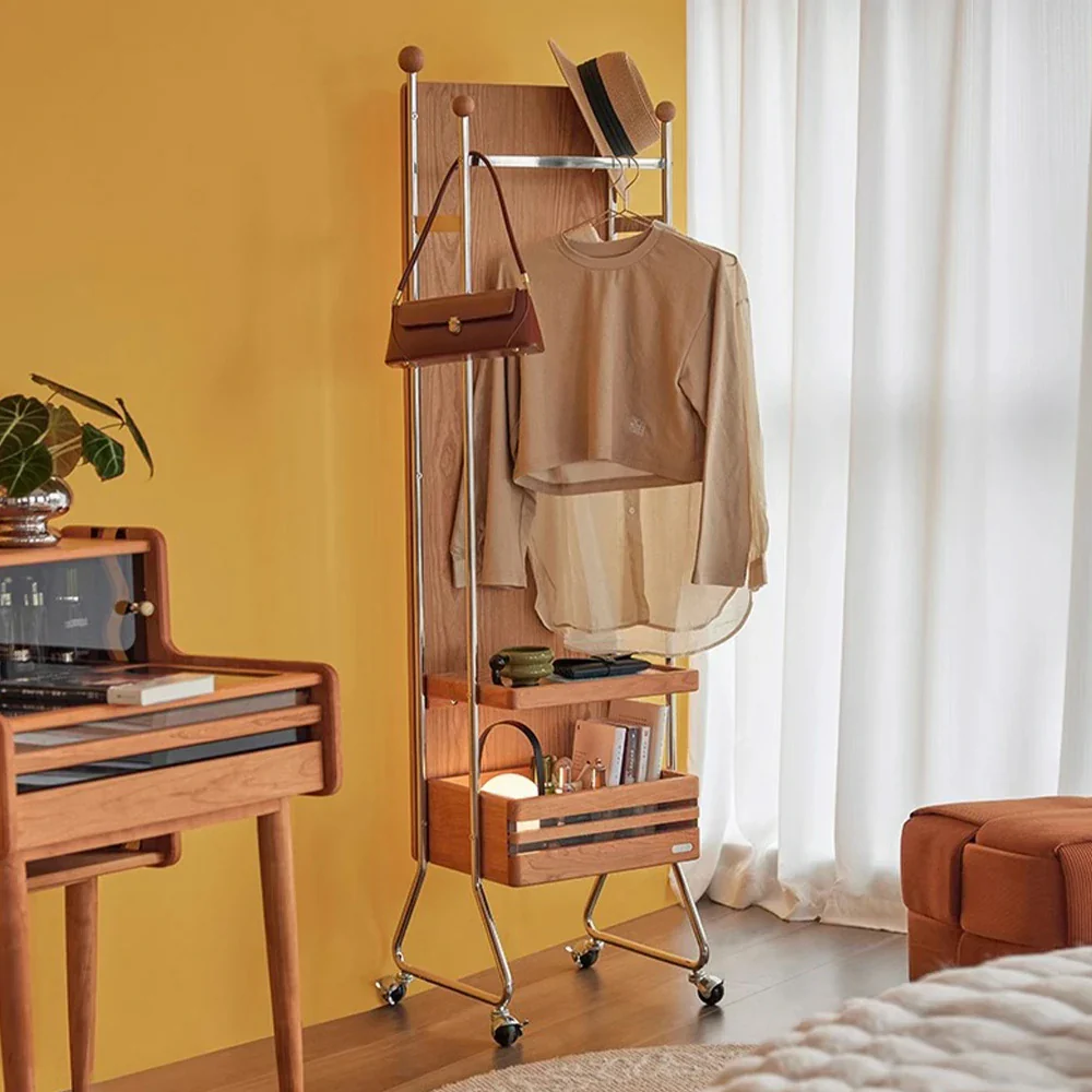LIVARA 1123 Mobile Bedside Cabinet & Coat Rack – Solid Ash Wood Grain with Stainless Steel, Ample Storage, Swivel Casters - Wood - Image 4