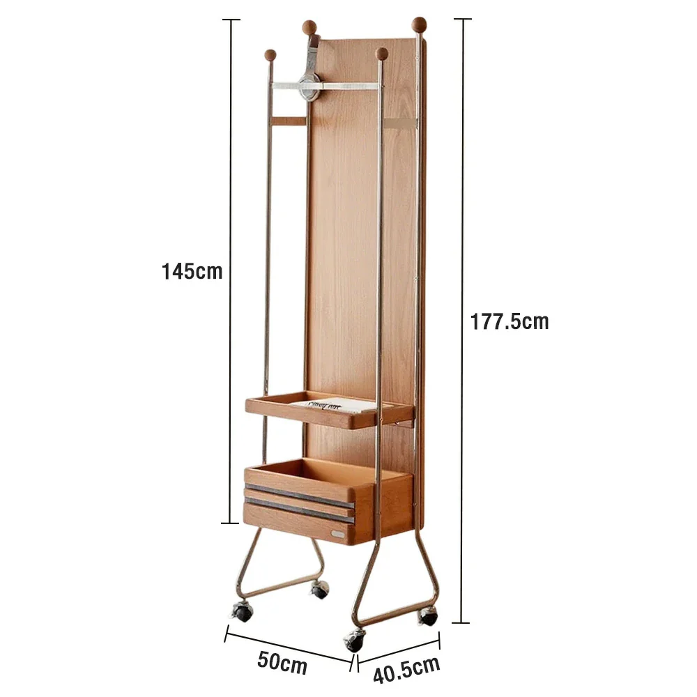 LIVARA 1123 Mobile Bedside Cabinet & Coat Rack – Solid Ash Wood Grain with Stainless Steel, Ample Storage, Swivel Casters - Wood - Image 5