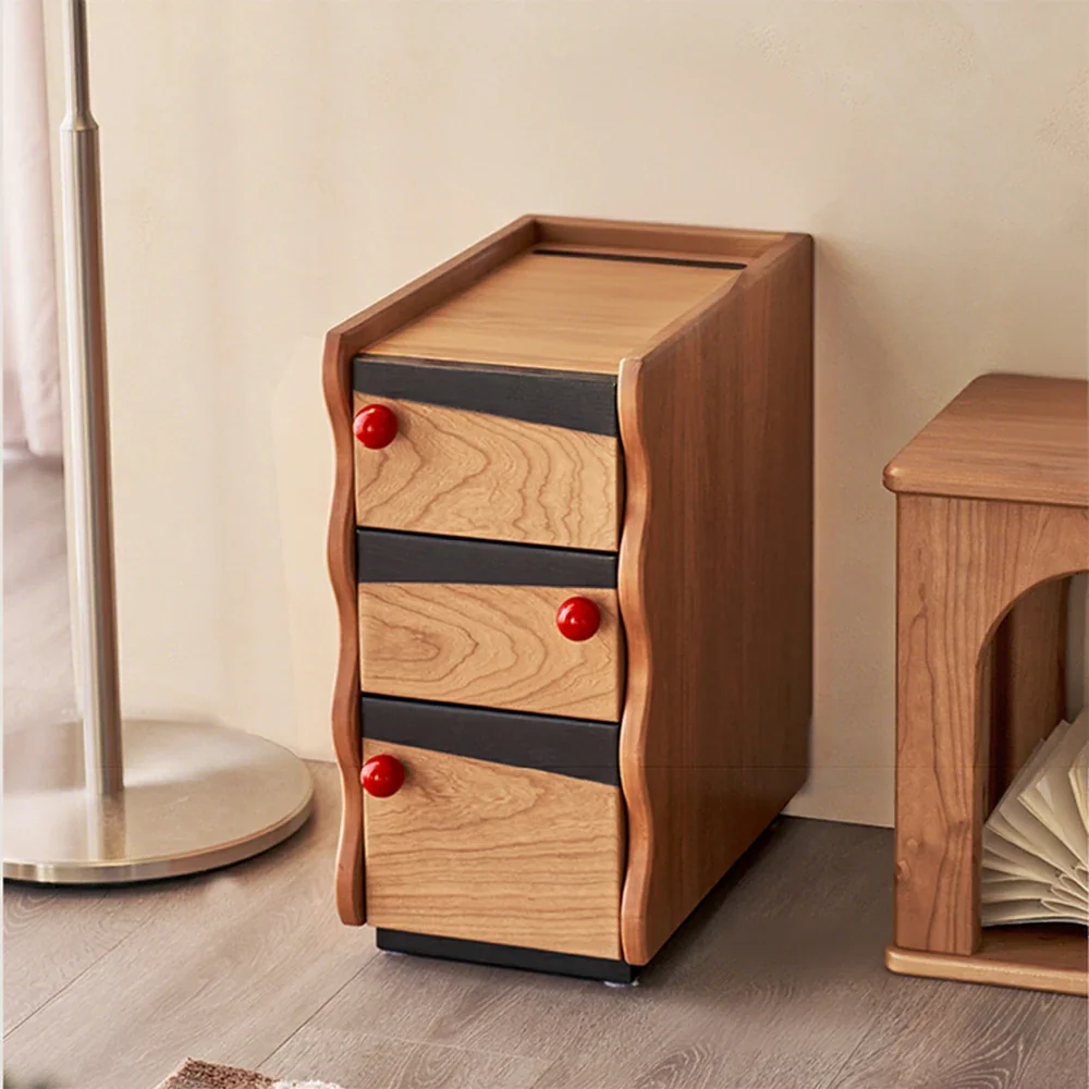 LIVARA 1125 Narrow Bedside Cabinet, Solid Wood Construction, Red Spherical Handles, Open Storage, Tall Stainless Steel Legs - Wood - Image 2