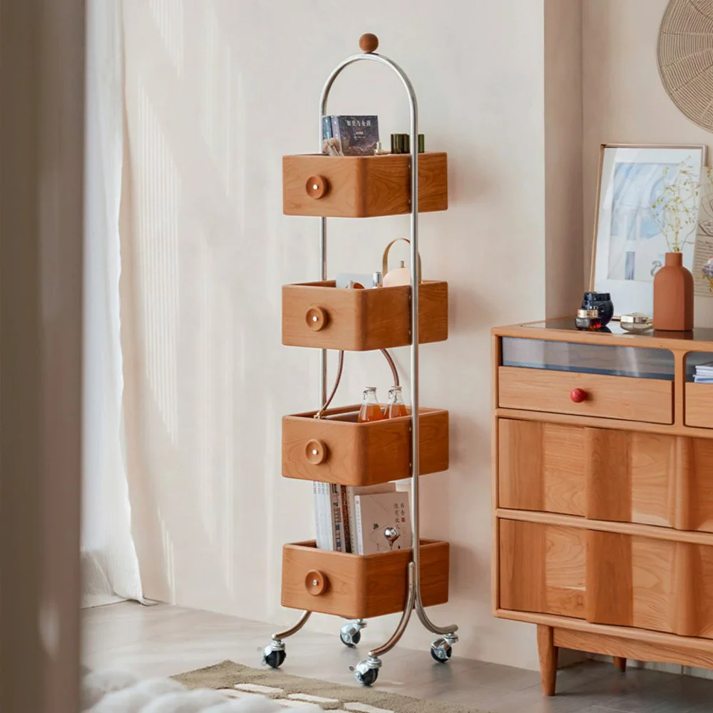 LIVARA 1126 4-Tier Mobile Bookshelf – Multi-Functional Solid Wood & Stainless Steel Frame, Swivel Wheels with Locking Function-Wood - Image 4