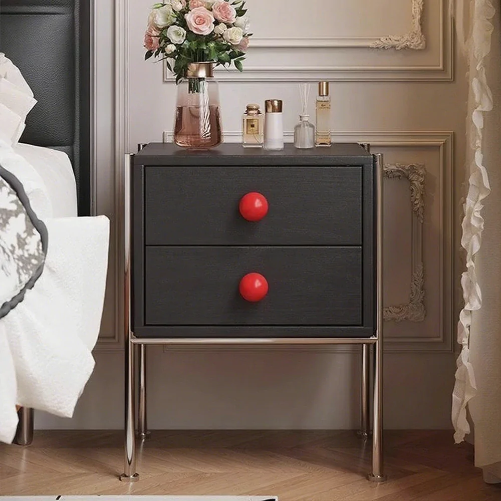 LIVARA 1133 Bedside Cabinet, Open Tabletop, Solid Ash Wood Grain, Spherical Handles, Tall Stainless Steel Legs, 17cm Bottom Clearance - Black - Image 2