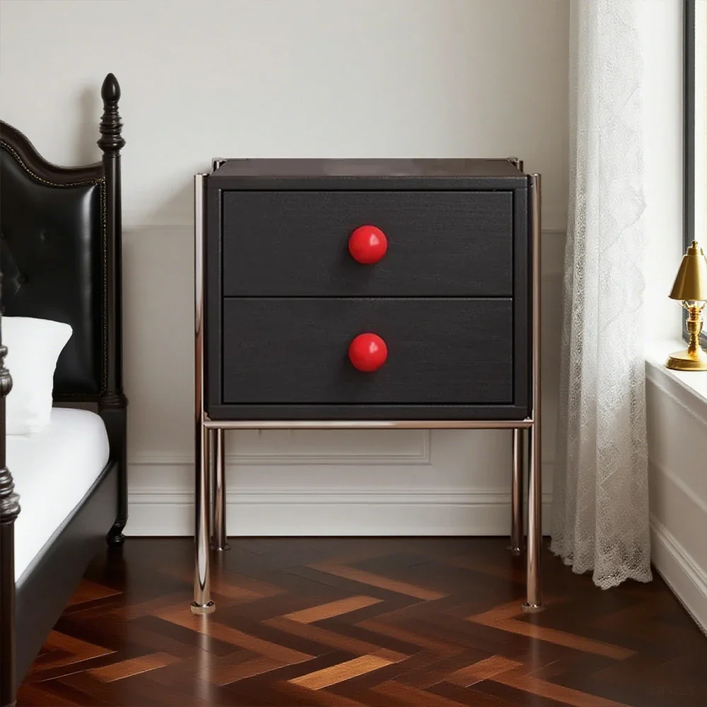 LIVARA 1133 Bedside Cabinet, Open Tabletop, Solid Ash Wood Grain, Spherical Handles, Tall Stainless Steel Legs, 17cm Bottom Clearance - Black - Image 4