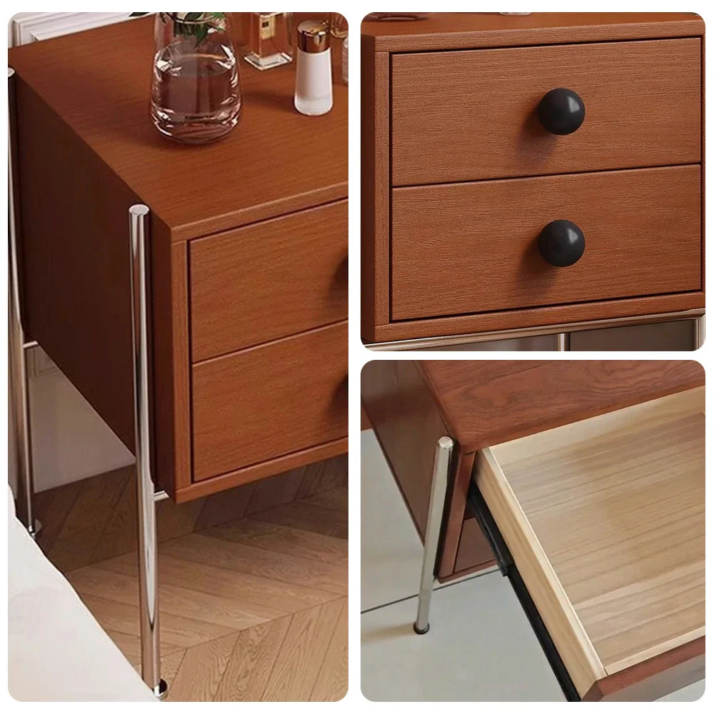 LIVARA 1133 Bedside Cabinet, Open Tabletop, Solid Ash Wood Grain, Spherical Handles, Tall Stainless Steel Legs, 17cm Bottom Clearance - Wood - Image 3