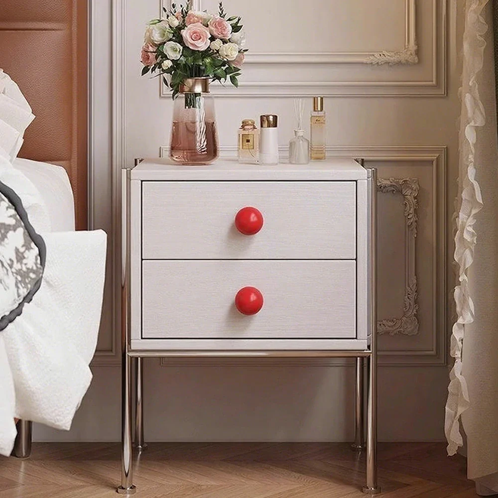 LIVARA 1133 Bedside Cabinet, Open Tabletop, Solid Ash Wood Grain, Spherical Handles, Tall Stainless Steel Legs, 17cm Bottom Clearance - White - Image 2