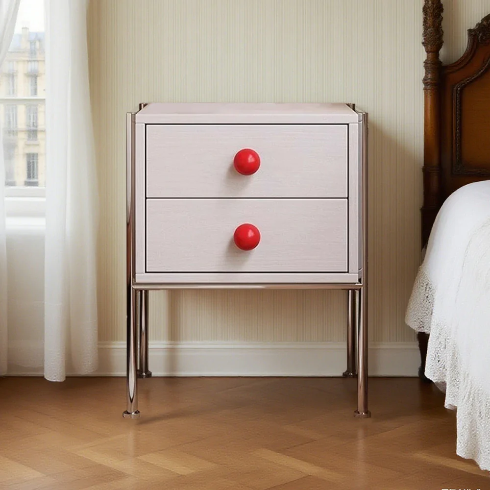 LIVARA 1133 Bedside Cabinet, Open Tabletop, Solid Ash Wood Grain, Spherical Handles, Tall Stainless Steel Legs, 17cm Bottom Clearance - White - Image 4