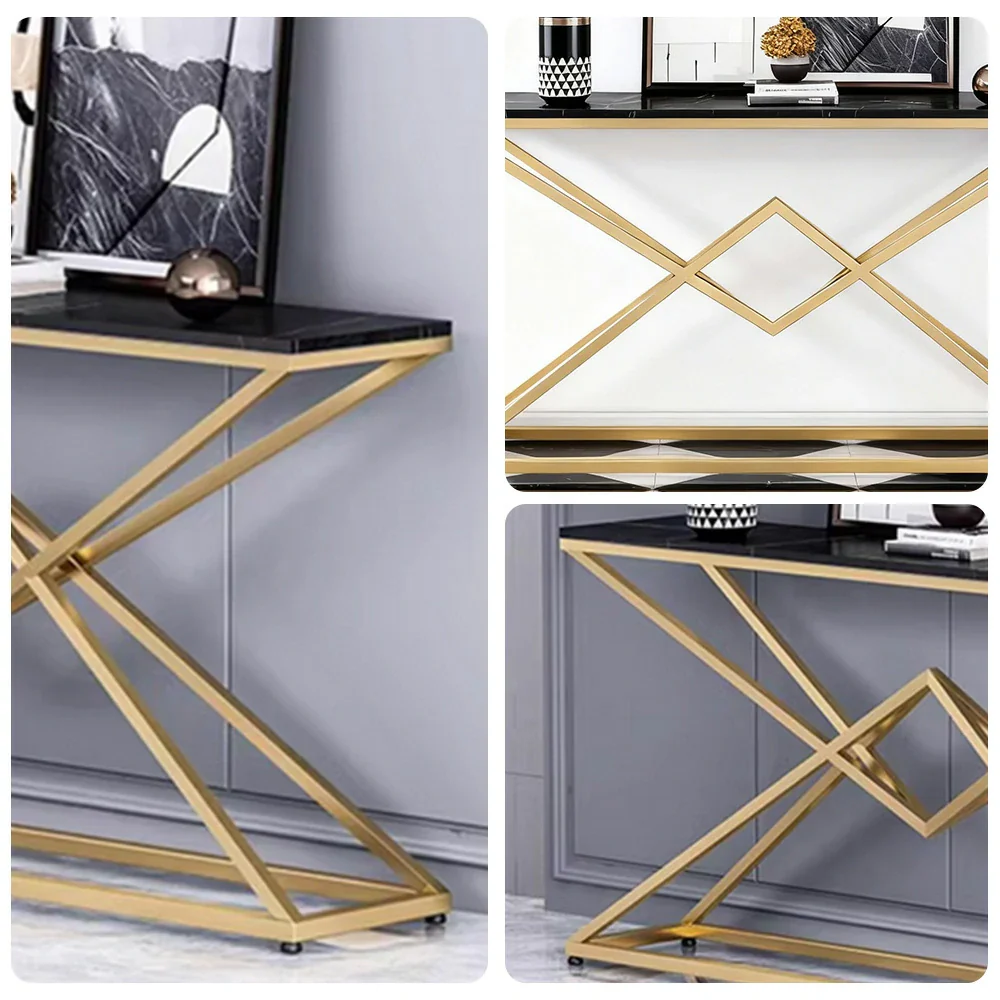 LIVARA Modern Table High-Durability Rock Slab Top Metal Frame 140/160cm Spacious Waterproof & Stain-Resistant - Black&Gold - Image 3