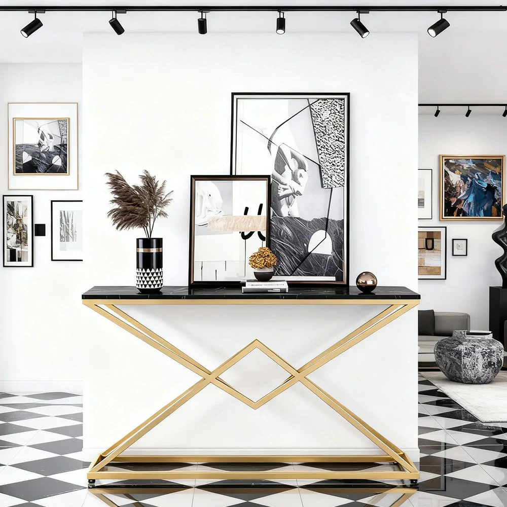 LIVARA Modern Table High-Durability Rock Slab Top Metal Frame 140/160cm Spacious Waterproof & Stain-Resistant - Black&Gold - Image 4