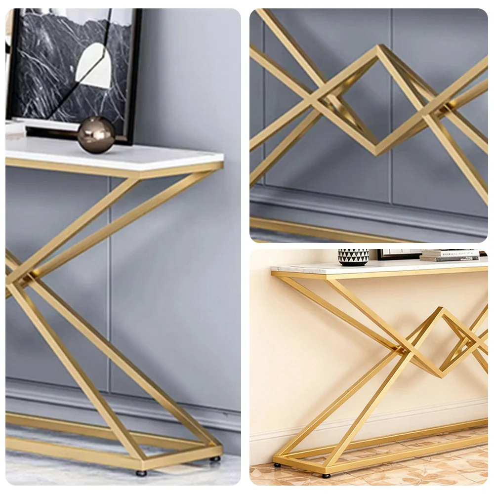 LIVARA Modern Table High-Durability Rock Slab Top Metal Frame 140/160cm Spacious Waterproof & Stain-Resistant - White&Gold - Image 3
